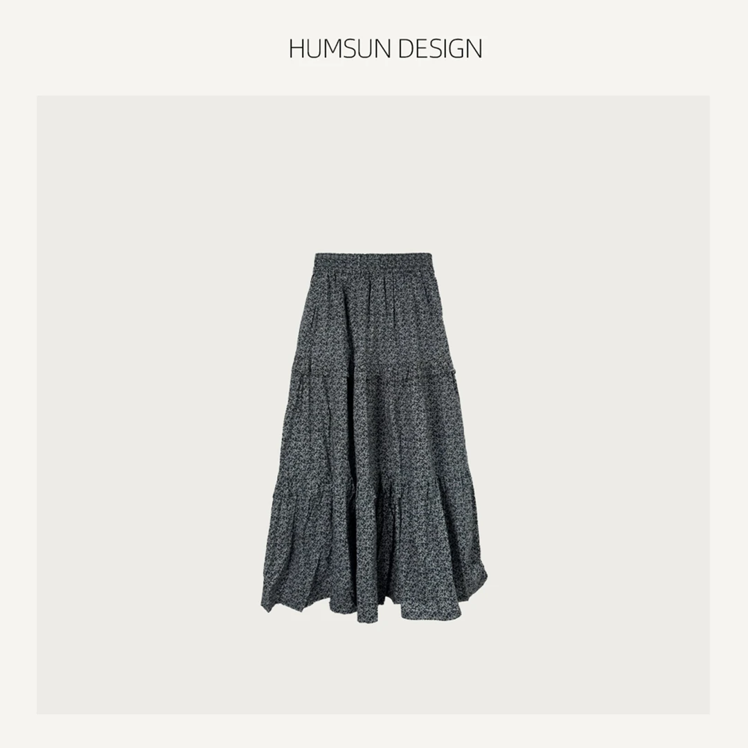 HUMSUN/禾木笙「迷迭香」复古碎花轻爽压褶松紧腰大摆蛋糕裙 5B474