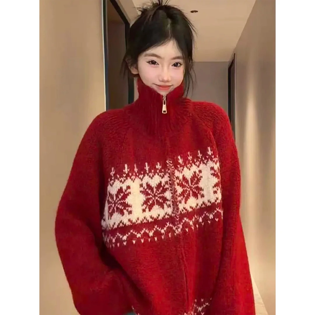 圣诞费尔岛红色拉链宽松提花毛衣外套女秋冬加厚宽松软糯针织上衣