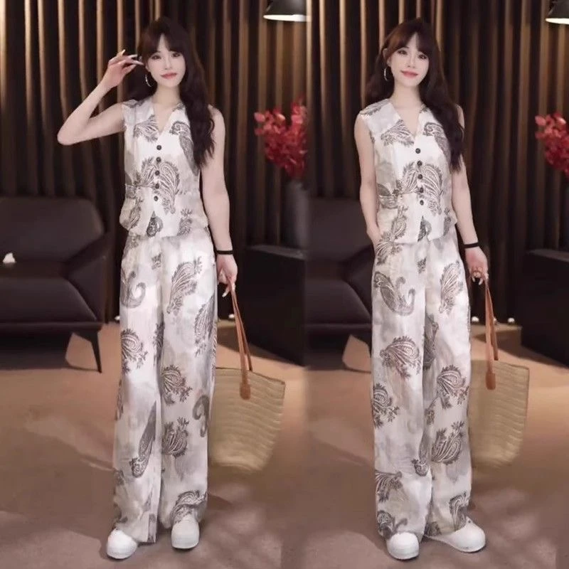 2025时尚气质提花套装女夏季新款无袖马夹上衣阔腿裤两件套539