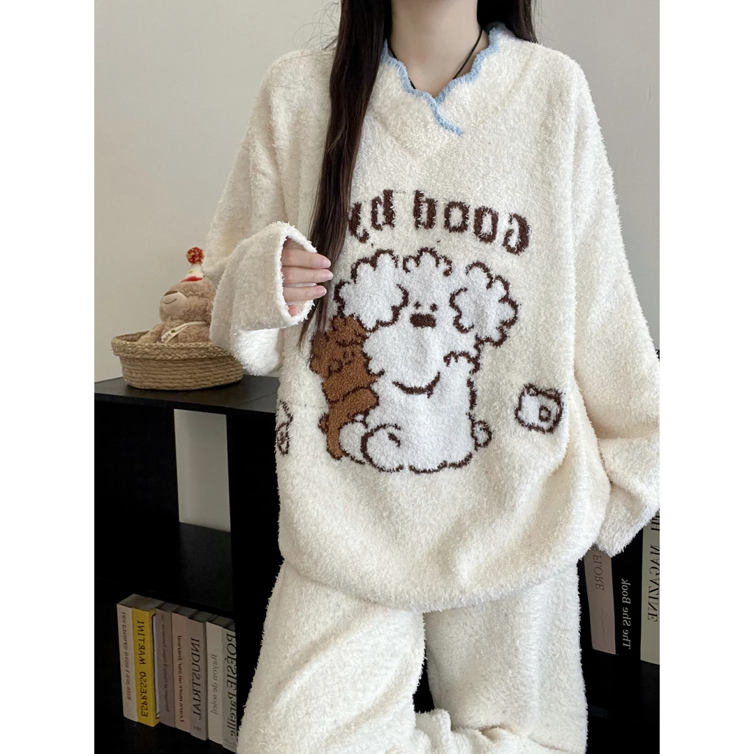 甜美可爱卡通小狗半边绒睡衣女冬季新款加厚毛绒针织家居服两件套