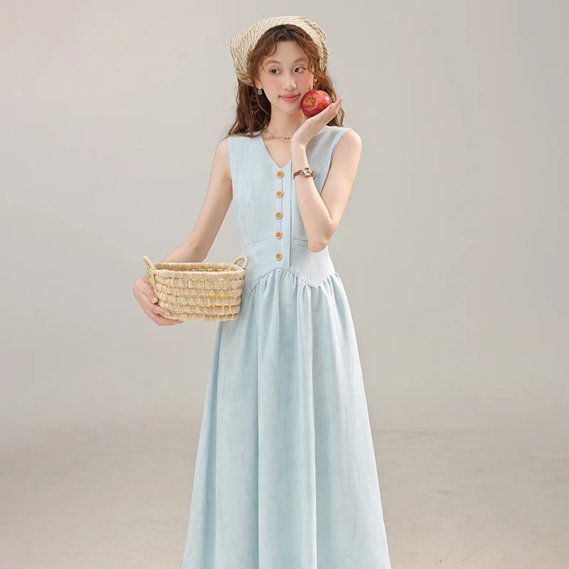 三寸藕【冰川蓝礁】夏季绝美掐腰无袖背心气质蓝色连衣裙L250721