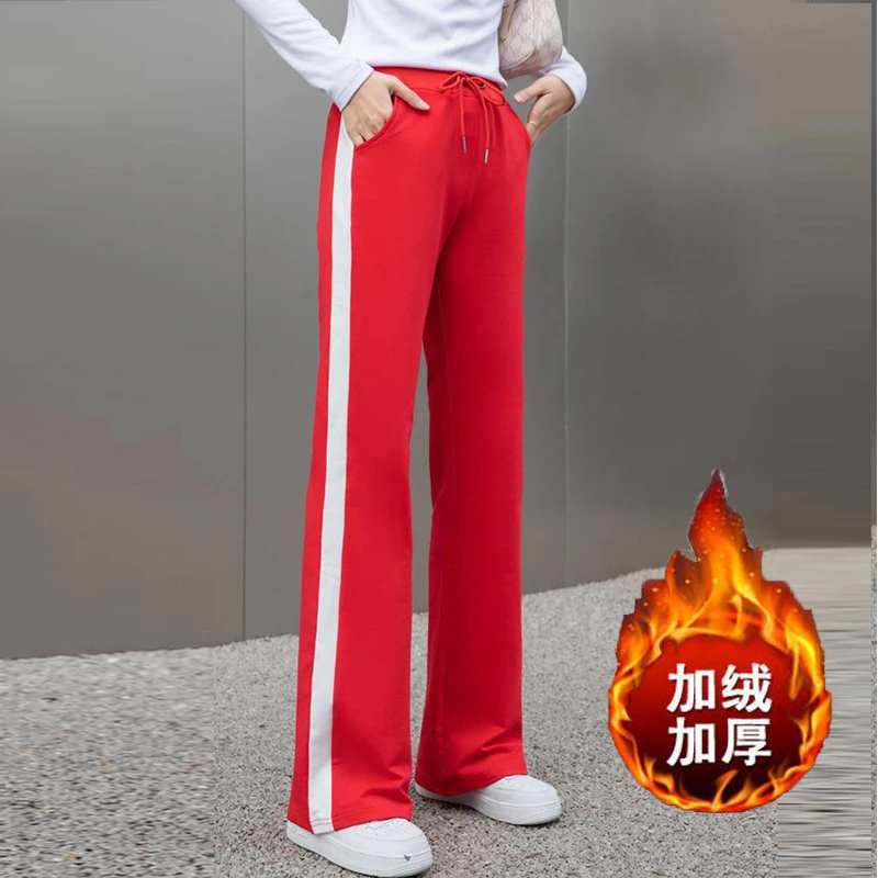 2025女秋冬新款加厚加绒红色广场舞阔腿裤松紧腰宽松拼色微喇裤休