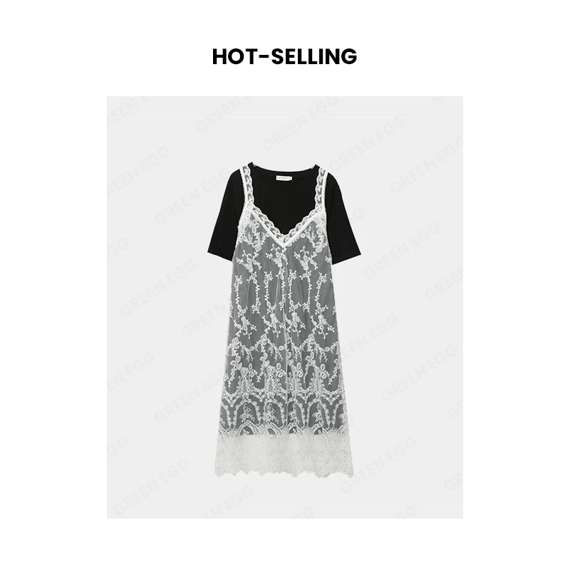 W1196微胖大码胖MM夏季新款叠穿蕾丝吊带裙长T恤套装