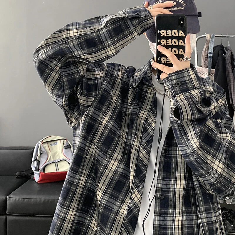 港风宽松复古格子衬衫男士春季休闲潮牌痞帅日系内搭长袖衬衣外套