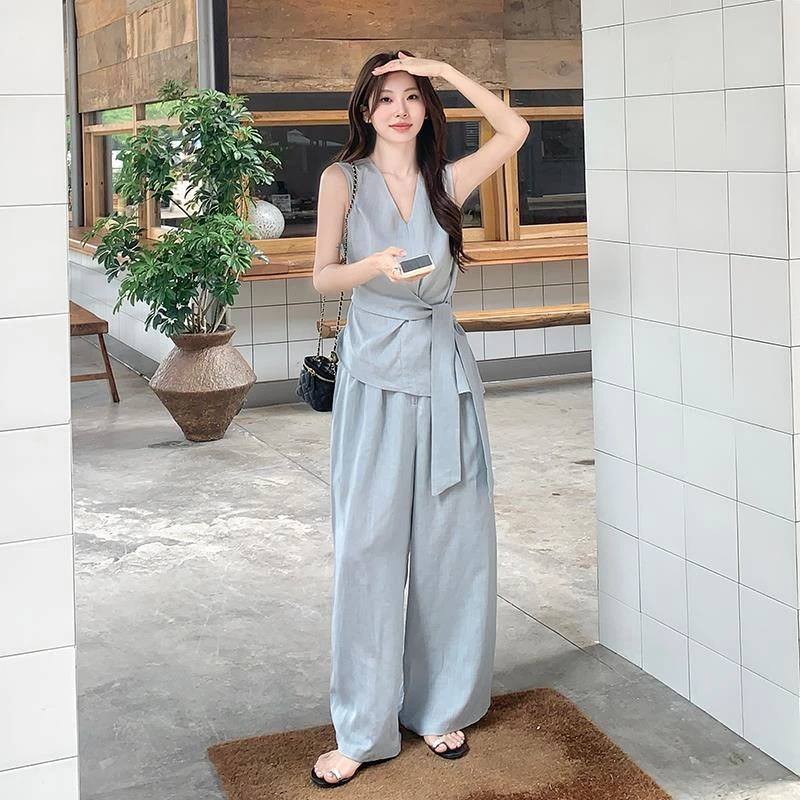亚麻套装女2025夏季新款时尚气无袖背心高腰阔腿裤件套显瘦时尚