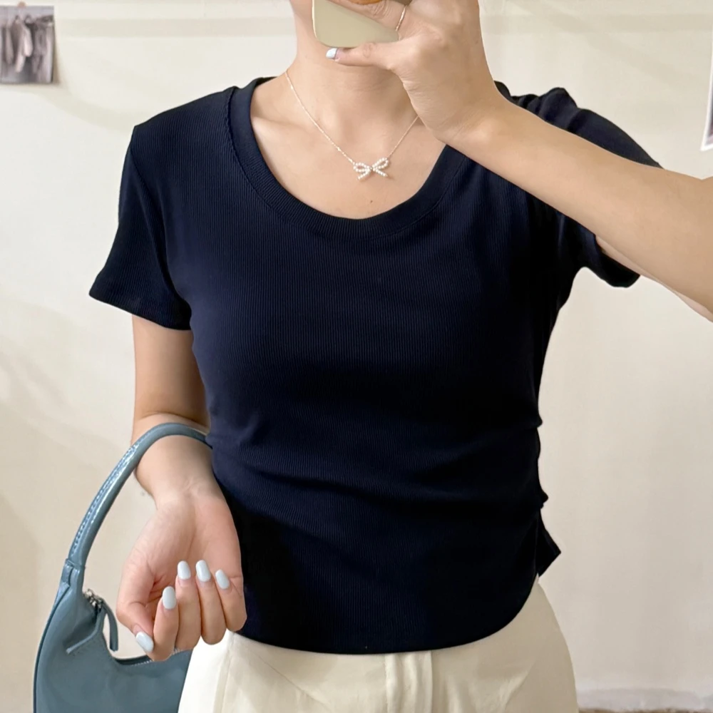 大妍小个子夏季薄款韩系简约百搭显瘦纯色U领短袖T恤8868