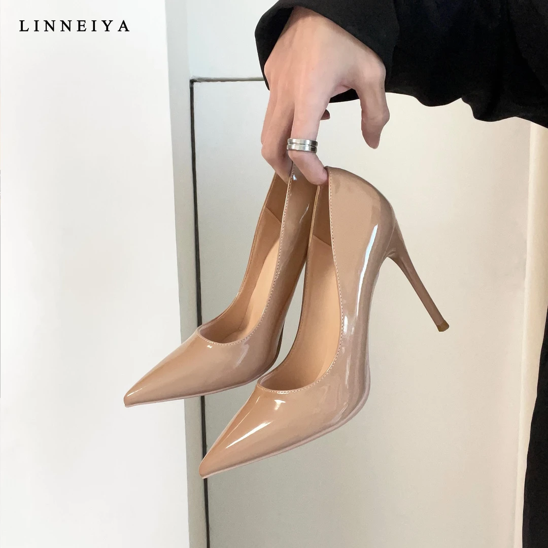 新款法式尖头浅口夏季通勤单鞋漆皮大码气质裸色高跟鞋女