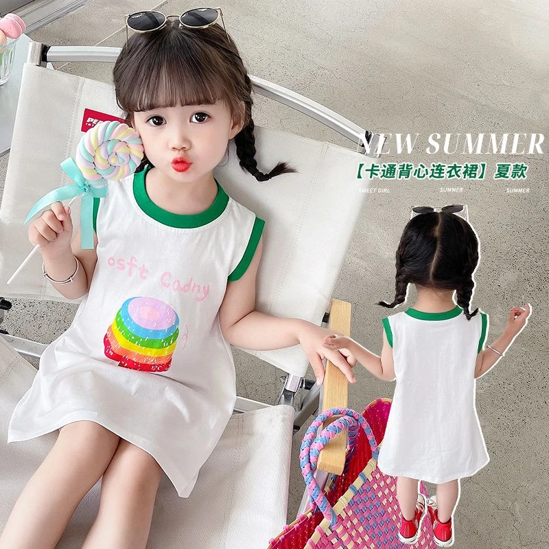 女童夏季薄款凉快冰淇淋印花背心裙韩系小清新冰丝连衣裙薄款透气