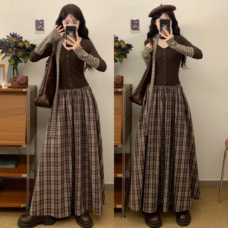 大码胖mm韩系复古针织拼格纹飘带V领排扣秋冬长袖假两件连衣裙女