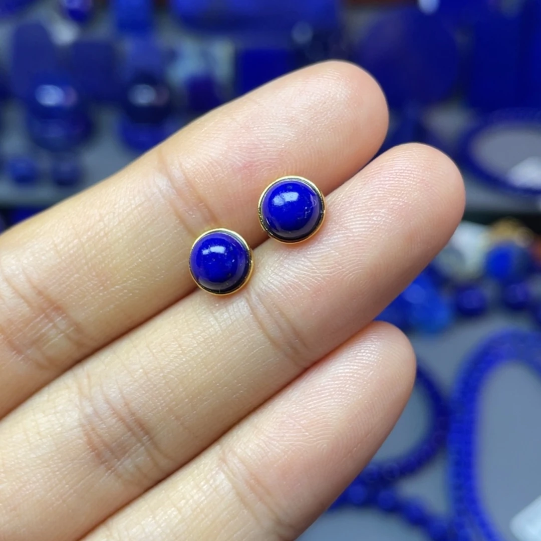青金石银S925镶嵌8mm耳饰