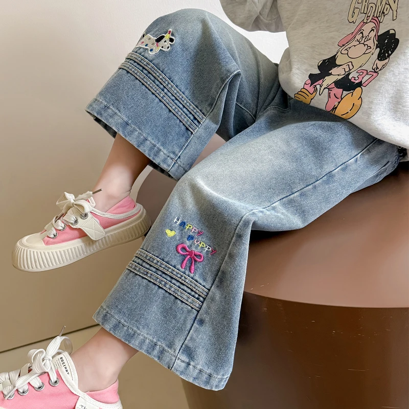 女童牛仔裤2025春季新款宝宝阔腿裤女孩直筒裤休闲韩版百搭长裤潮