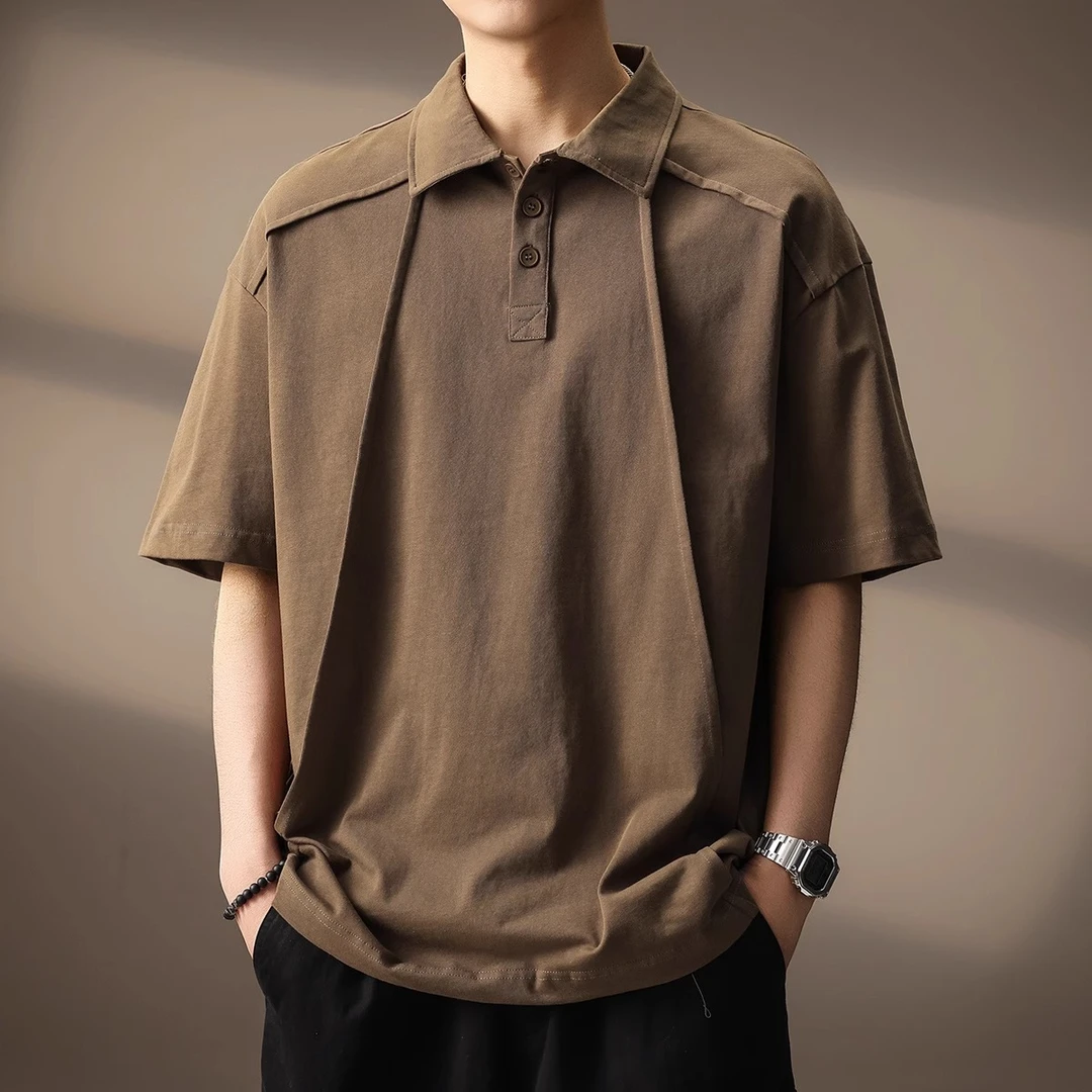 高端复古不规则拼接Polo衫男重磅纯棉短袖夏季美拉德宽松翻领T恤