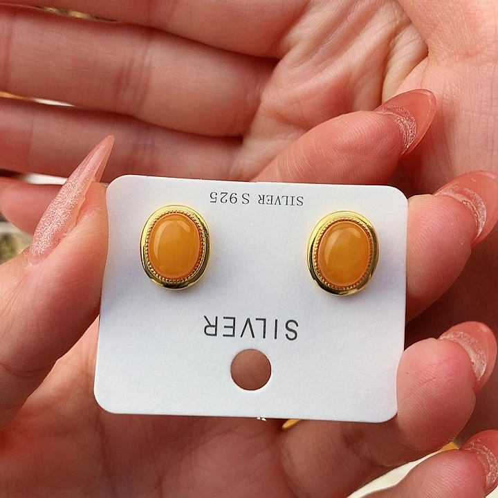 蜜蜡耳饰银S925镶嵌耳饰