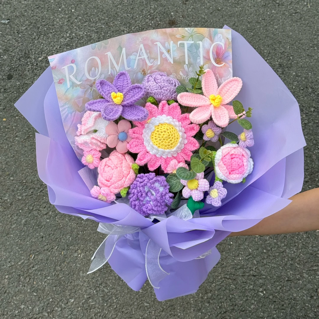 【紫雾星辰】紫色手工毛线向日葵花束送女朋友父母老师生日礼物