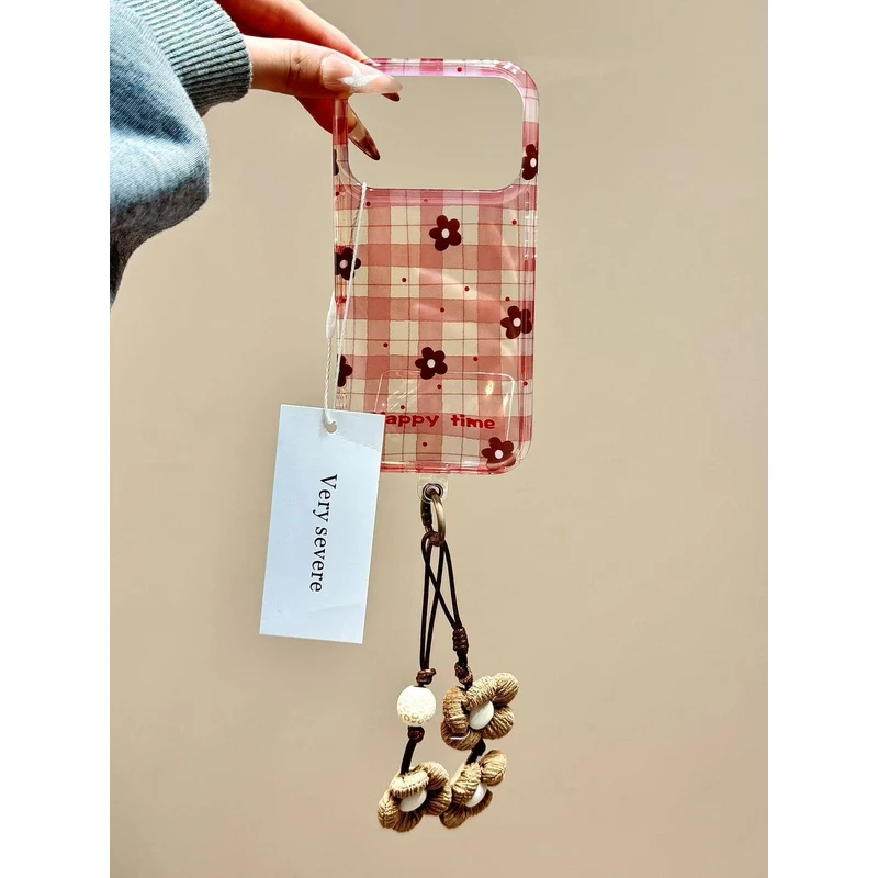 小清新透底红格波点花朵手拎绳适用苹果17promax手机壳15iphone16