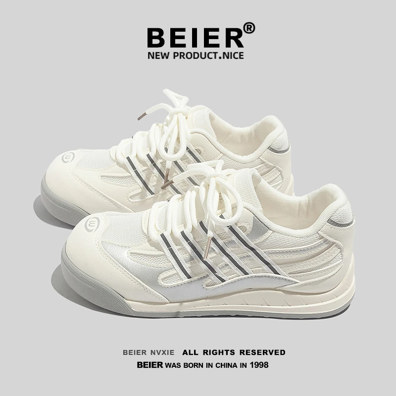 BEIER潮流百搭透气小白鞋2025夏季新款厚底增高网面休闲鞋子2706