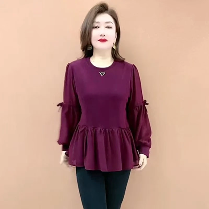 8038简约打底衫纯色圆领拼接荷叶边显瘦百搭小衫休闲宽松气质长袖