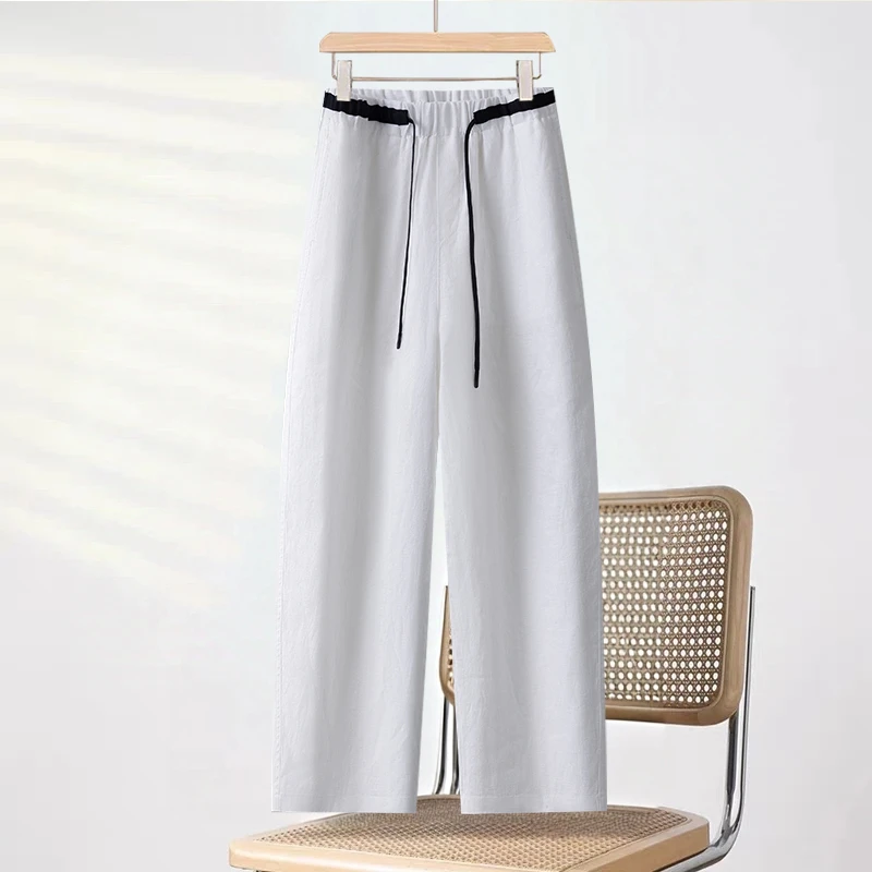 高货白色麻料香蕉裤女2025新款夏宽松阔腿裤显瘦弯刀裤休闲镰刀裤