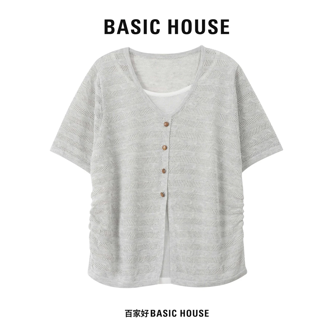 Basic House/百家好2025年夏季新款设计V领假两件针织衫7462 XM