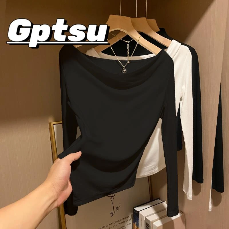 GPTSu2025年长袖T恤女黑色一字肩荡领收腰纯欲绝美慵懒风独特上衣