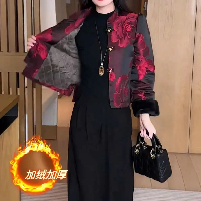 （运费补贴）2025网红新中式国风提花夹棉加绒加厚短外套女冬季新款