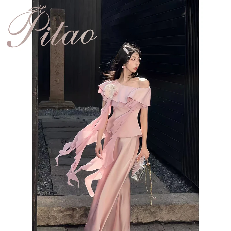 杜屁屁桃PITAO原创【迷雾心事】气质短款性感夏季蕾丝贴花时尚套装