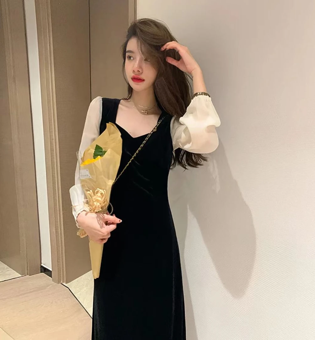 2025法式春秋高级黑色金丝绒连衣裙温柔仙女裙气质长裙81308