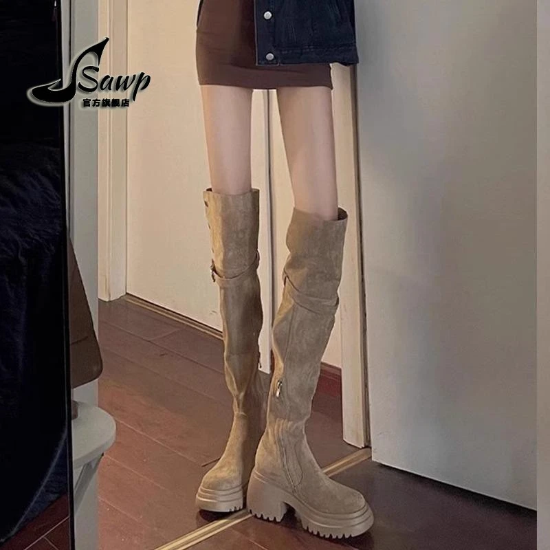 过膝长筒靴棕色靴子女秋冬2025新款高跟长靴显瘦高筒行靴牛仔网红