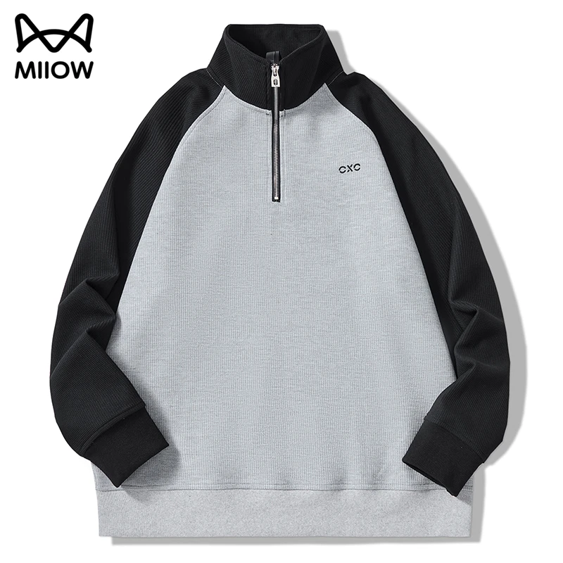 猫人老钱风立领卫衣男款半拉链华夫格拼接撞色高级感秋冬季上衣服