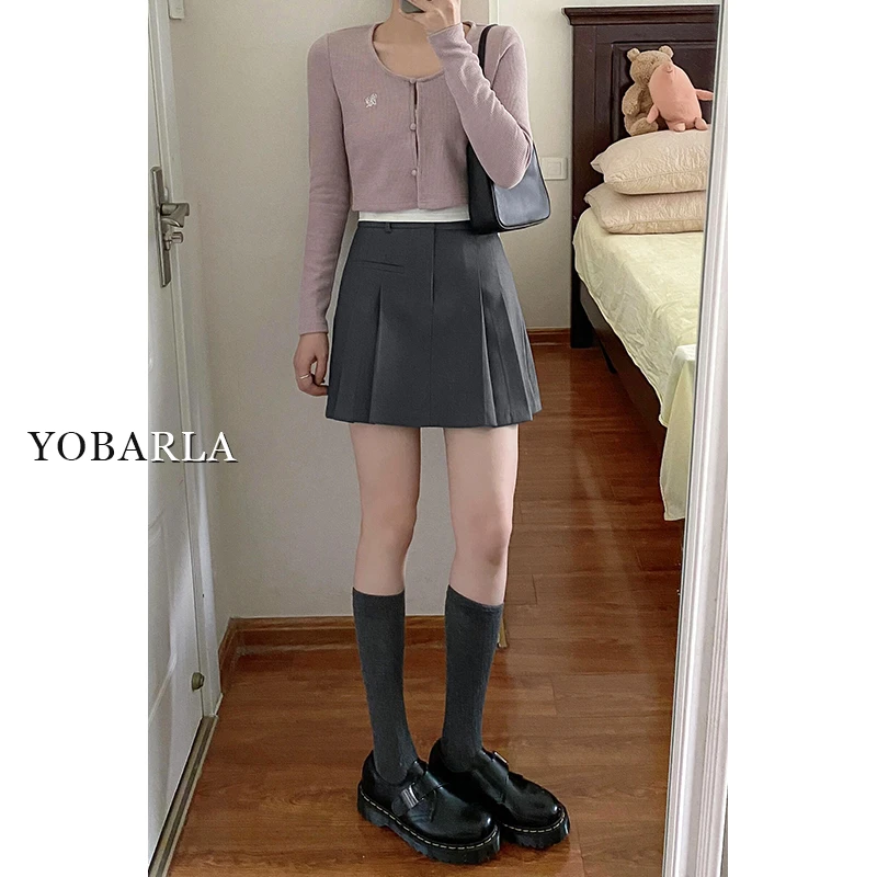 深灰色百褶西装短裙女秋冬新款大码胖mm遮肚显瘦高腰a字半身裙子