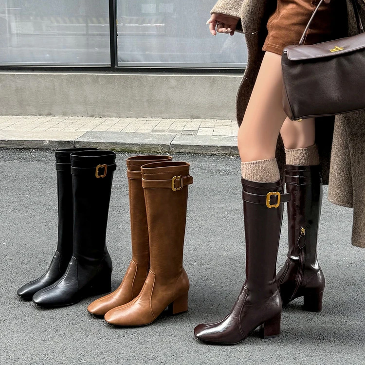 6.5cm~英伦风时尚弹力瘦瘦靴秋冬新款方头粗跟不过膝高筒骑士长靴
