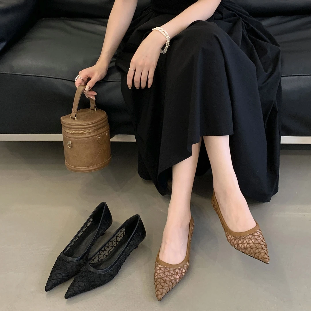 细跟透气网纱包头凉鞋女鞋2025夏季新款韩版渔网鞋镂空尖头凉鞋女