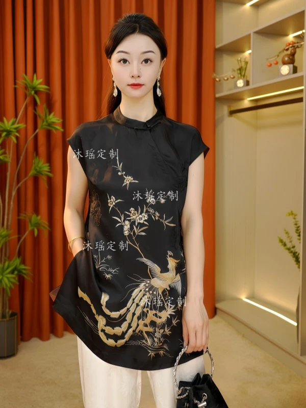 【凤至】2025新款奥黛显瘦气质夏季复古黑色新中式优雅女装上衣