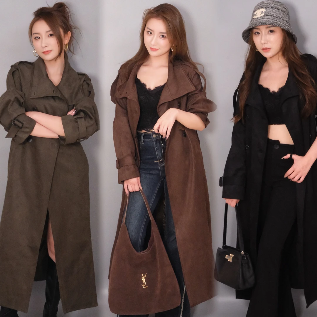 SUSIE HOLI 复古英伦风高级感麂皮绒绑带加长款风衣