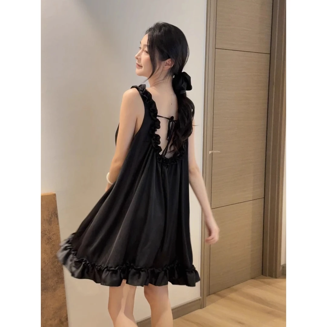 【法式少女】纯欲木耳边露背系带冰丝睡裙夏家居服带胸垫吊带裙外穿