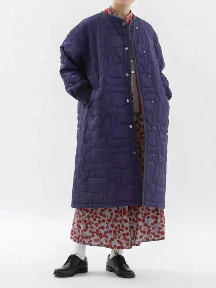 秋冬简约薄款正反两色长款长袖圆领棉服时尚百搭25102941