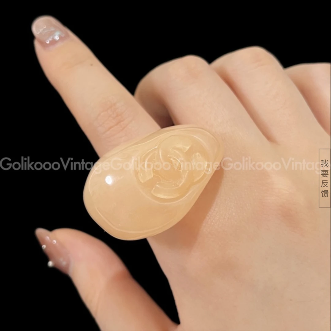 95新 Chanel/香奈儿 玉石系列橘粉色泡泡戒指 RB3024102