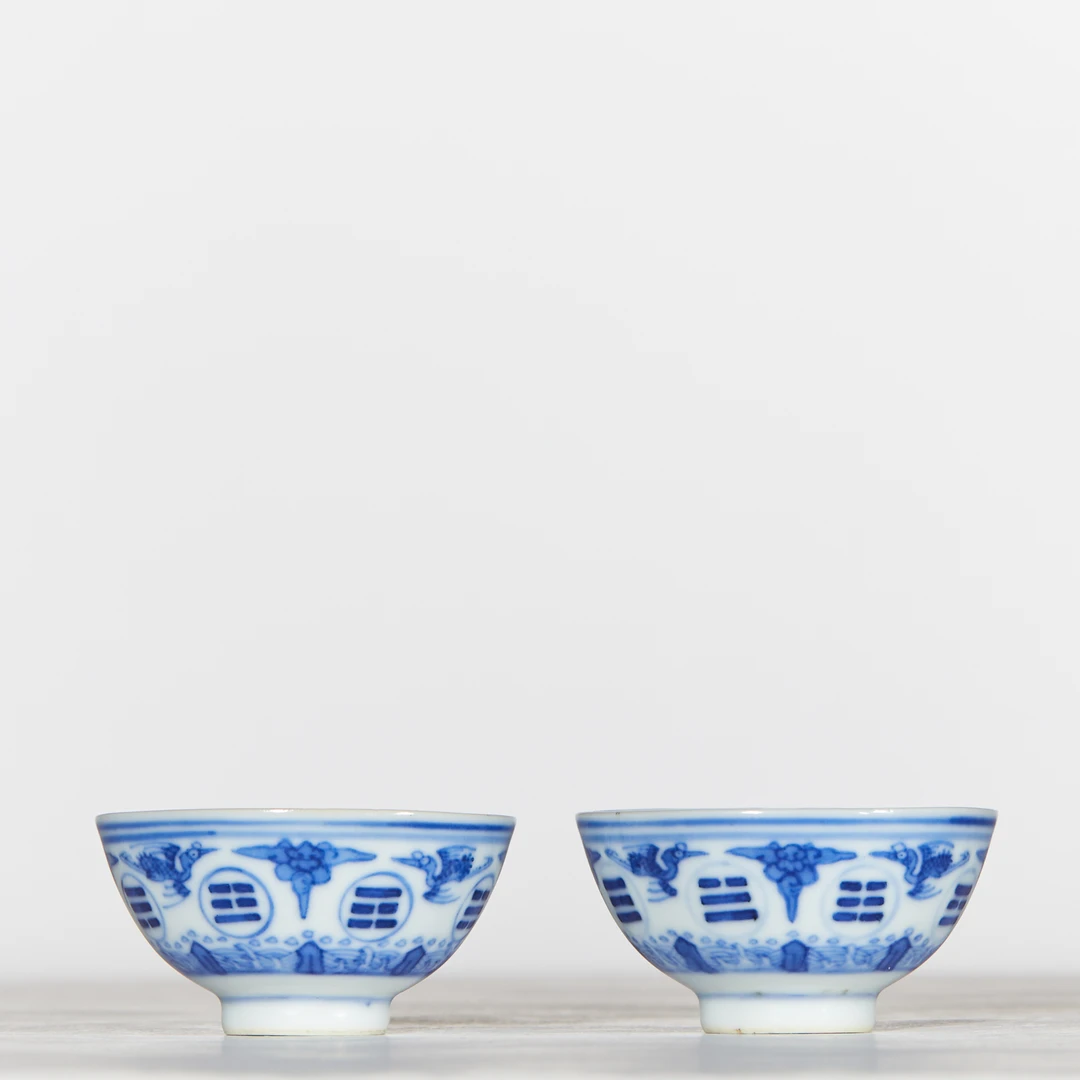 3868清光绪·青花八卦云鹤纹杯(一对)【古董拍卖】