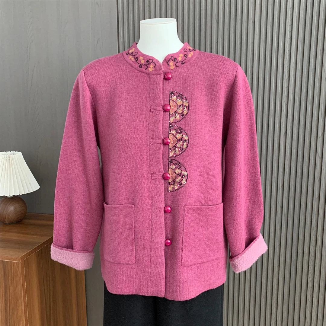 此恩一体加绒加厚针织开衫中老年女秋冬奶奶装外套妈妈装保暖上衣