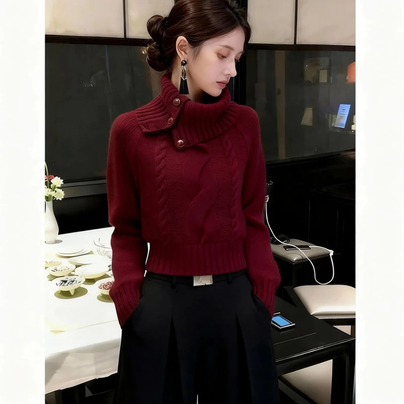 秋冬老钱风高领麻花针织衫女2025新款设计感红色套头时尚气质毛衣