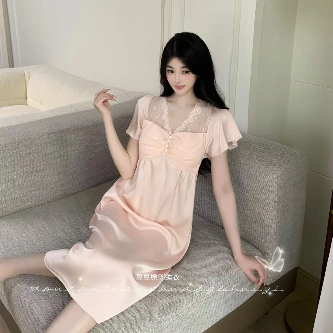 菠萝【莓果甜心】柔光丝短袖睡裙高腰显瘦夏季显高显白睡衣女