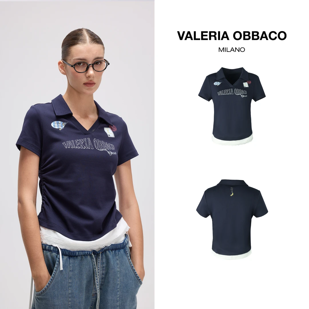 VALERIAOBBACO/瓦莱丽娅 奥贝科蓝色蕾丝接边polo短袖舒适百搭T恤
