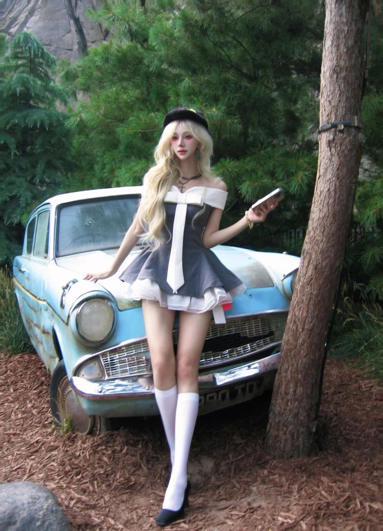 pinkmoon||格雷系蝶结撞色拼接一字肩抹胸连衣裙法式露肩蓬蓬裙