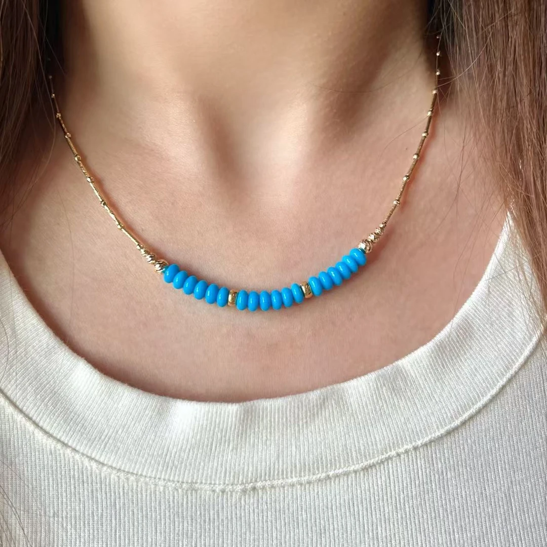 福余珠宝18k金美国睡美人矿绿松石高瓷高蓝算盘珠微笑绿松项链5mm