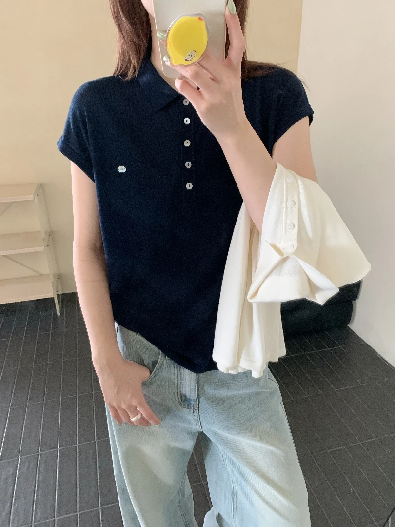 【DUODUO 699917】藏青-莱赛尔翻领针织T恤夏季新款女宽松慵懒针织