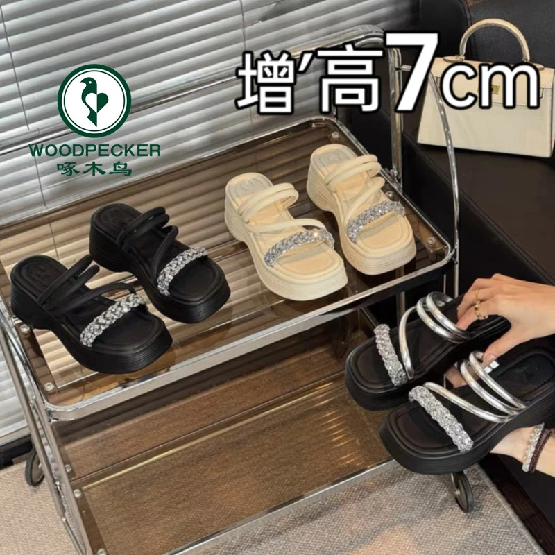 啄木鸟百搭沙滩鞋女外穿松糕厚底两穿水钻凉鞋2025夏季增高一字拖
