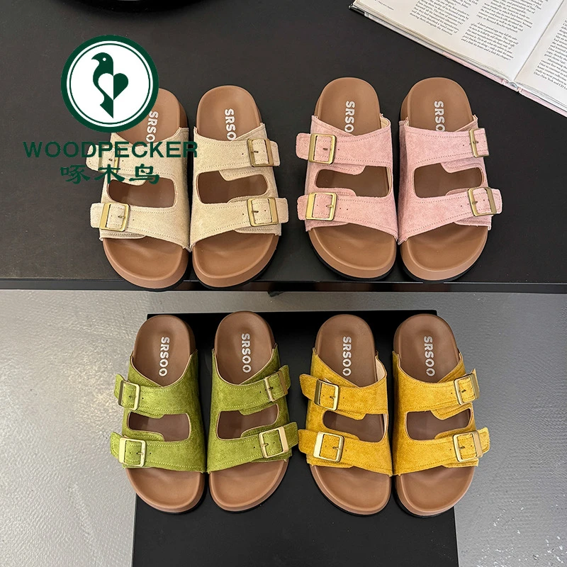 啄木鸟多巴胺彩色勃肯凉拖鞋复古厚底皮带扣凉拖百搭软底沙滩鞋女