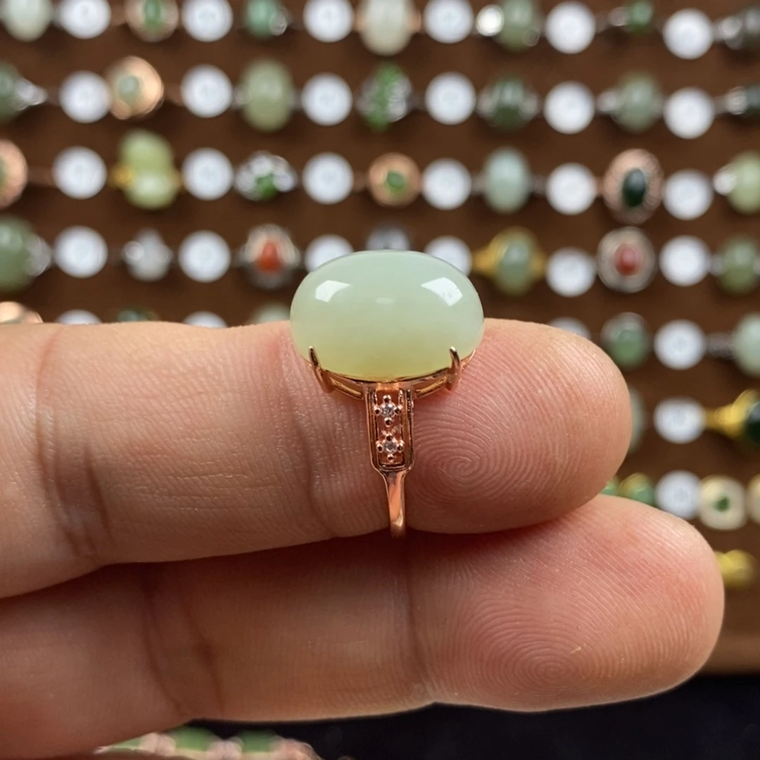 和田玉（青白玉）戒指银S925镀金镶嵌