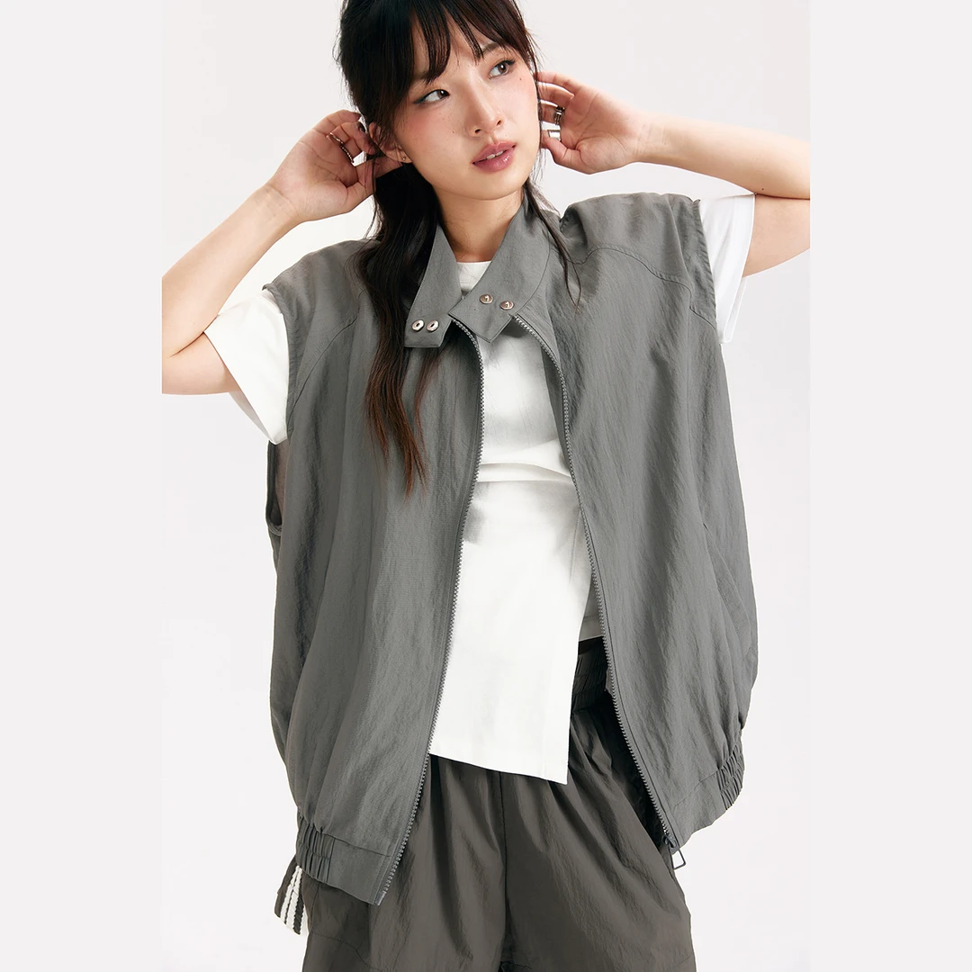 NO ONE ELSE美式复古女装立领运动马甲秋季插肩袖褶皱薄机能马夹