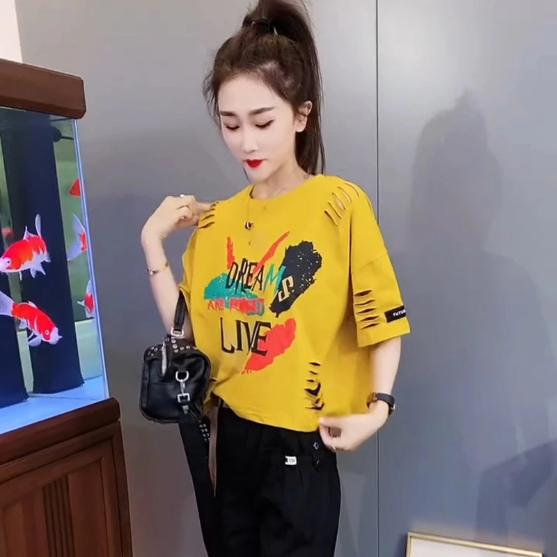 韩版秋季短袖t恤女秋季新款印花破洞百搭减龄宽松显瘦上衣女时尚